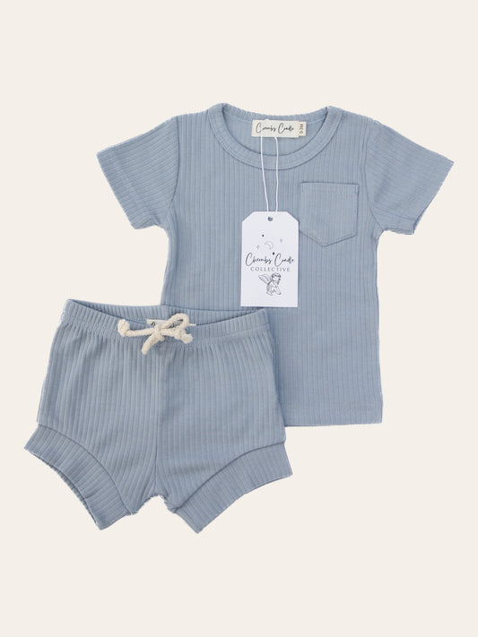 Aqua Ribbed Organic Cotton T Shirt & Short Set