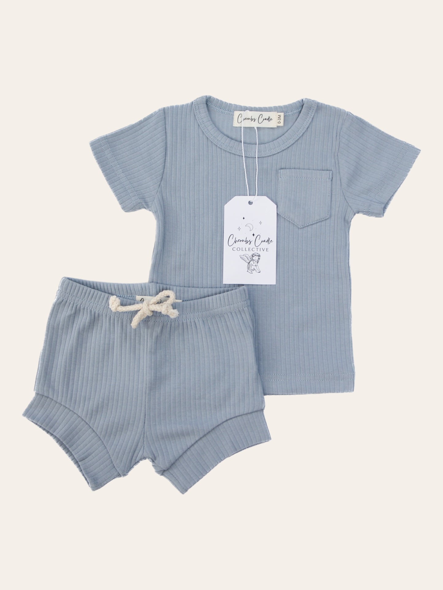 Aqua Ribbed Organic Cotton T Shirt & Short Set