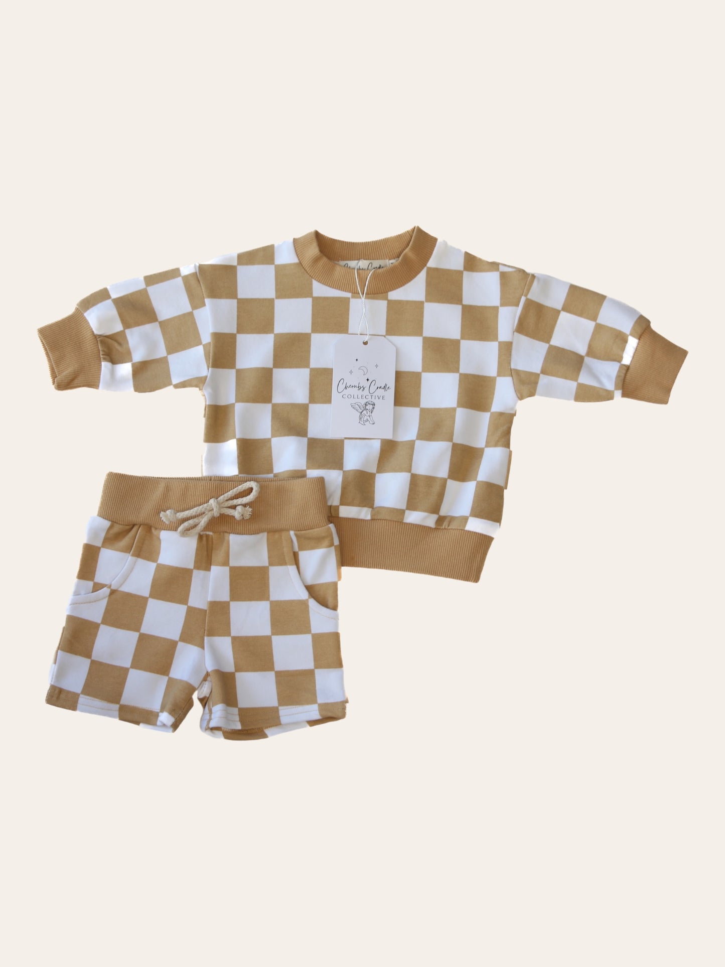 Mustard Checkered Organic Cotton Sweatshirt & Short Set