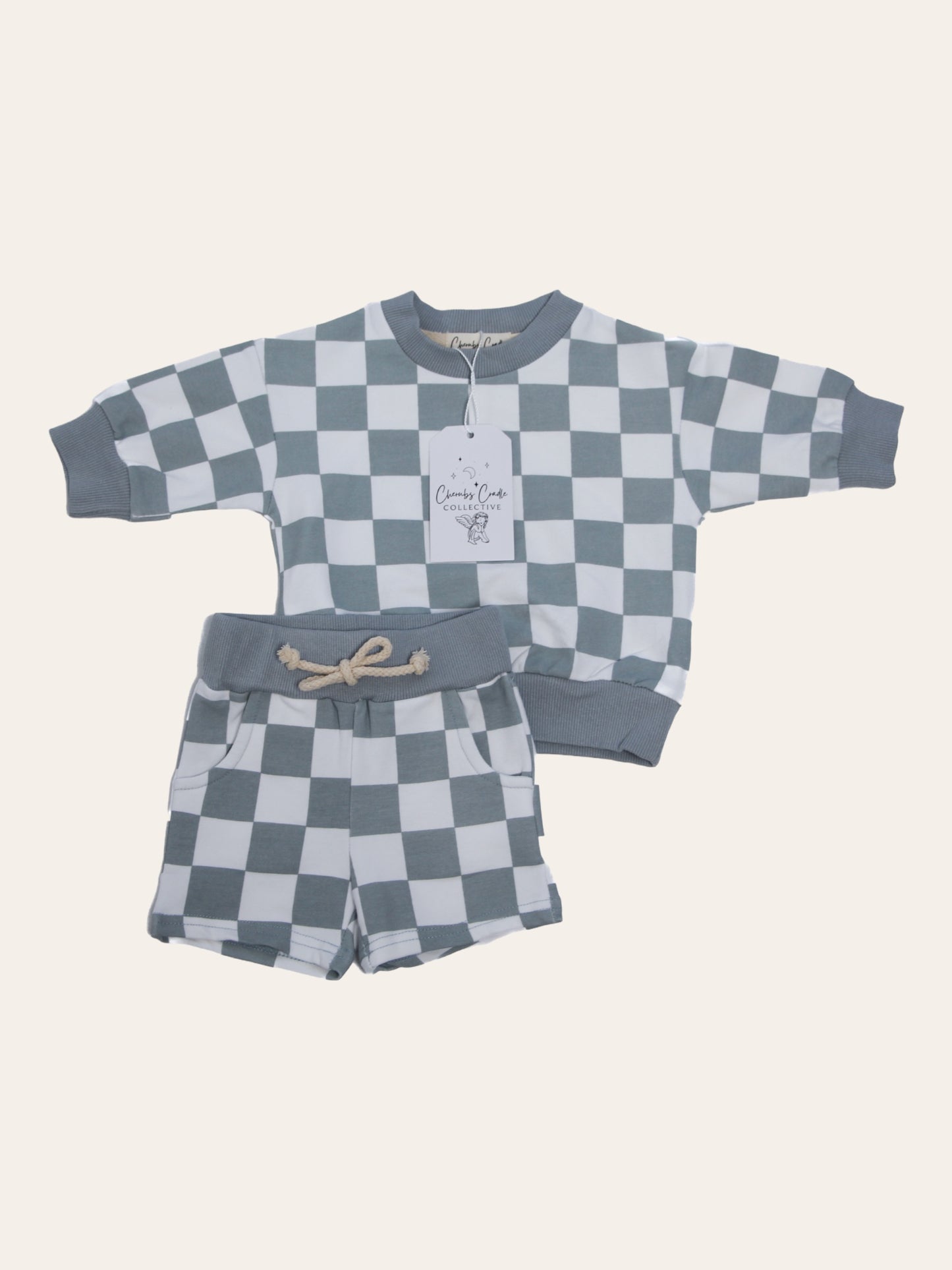 Stone Checkered Organic Cotton Sweatshirt & Short Set