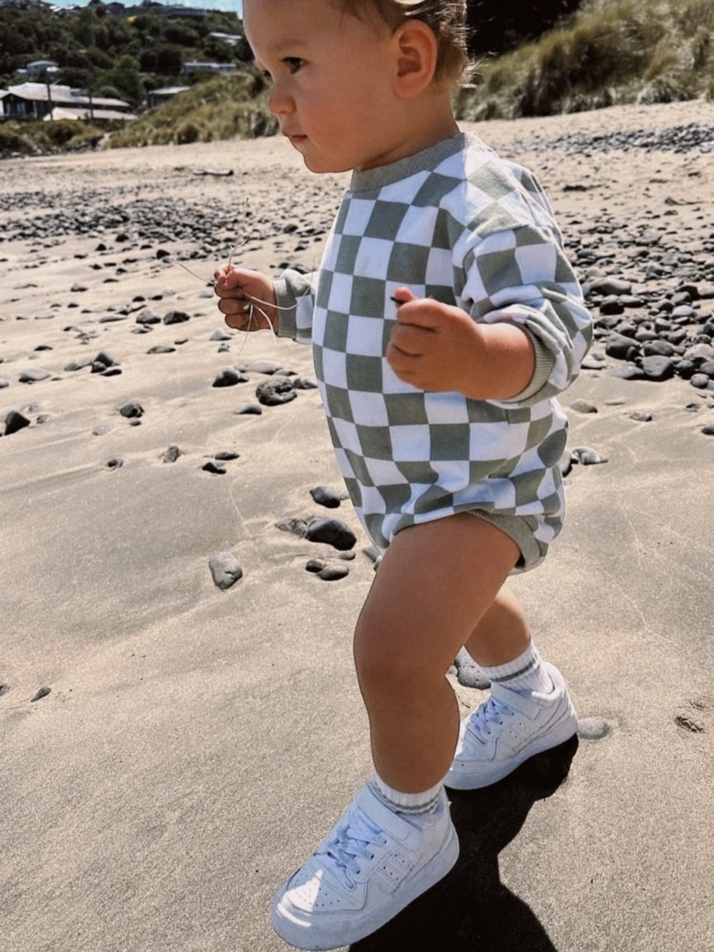 Olive Checkered Organic Cotton Romper