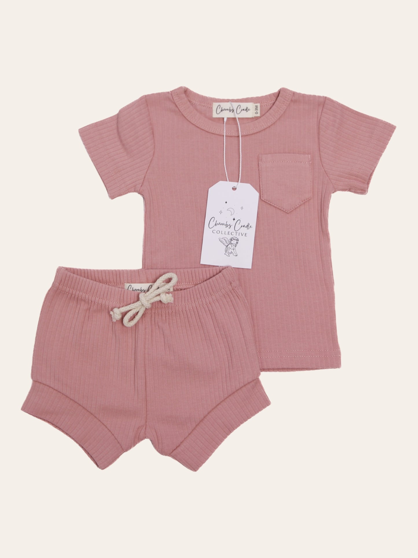 Blush Ribbed Organic Cotton T Shirt & Short Set