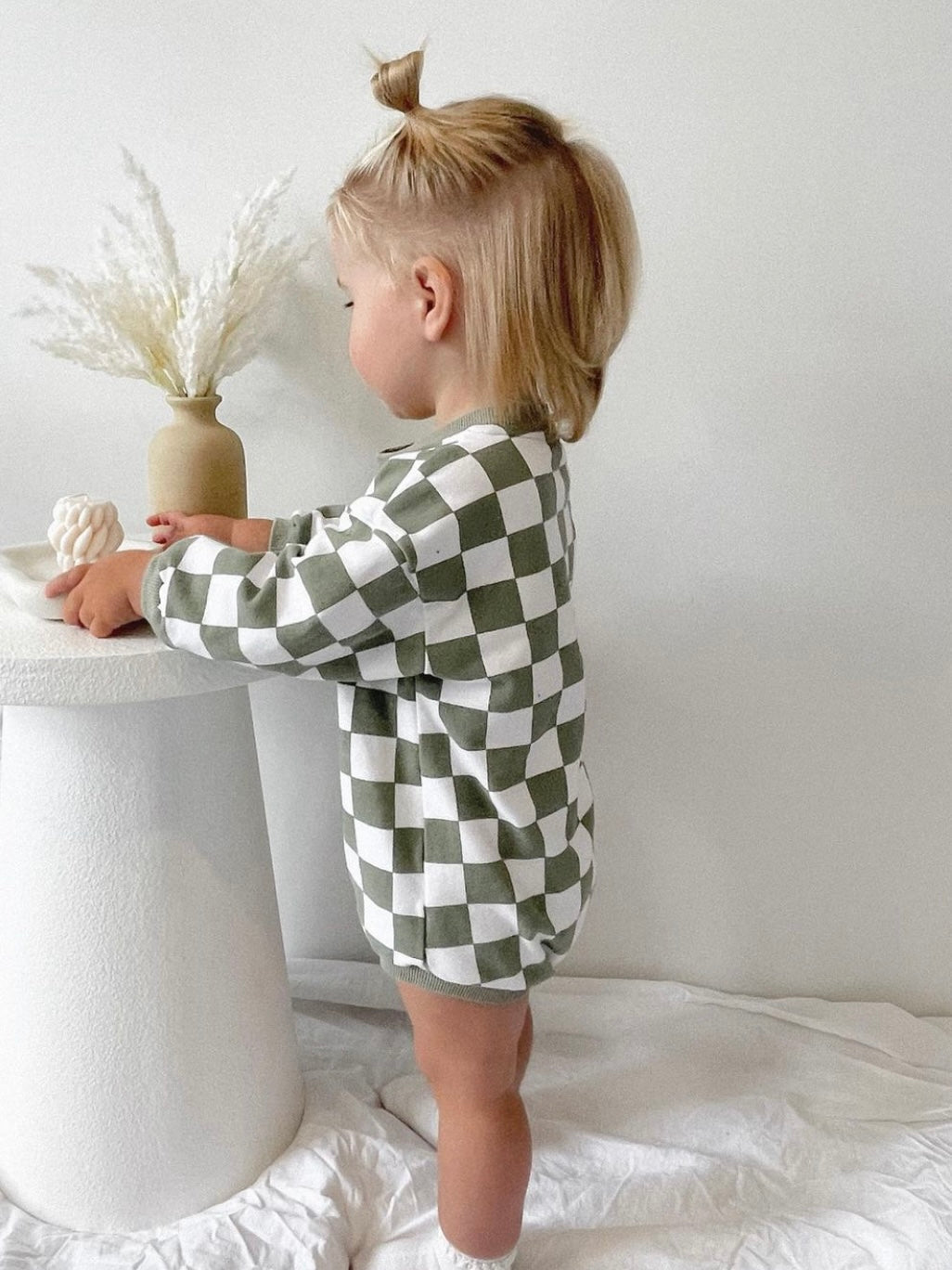 Olive Checkered Organic Cotton Romper