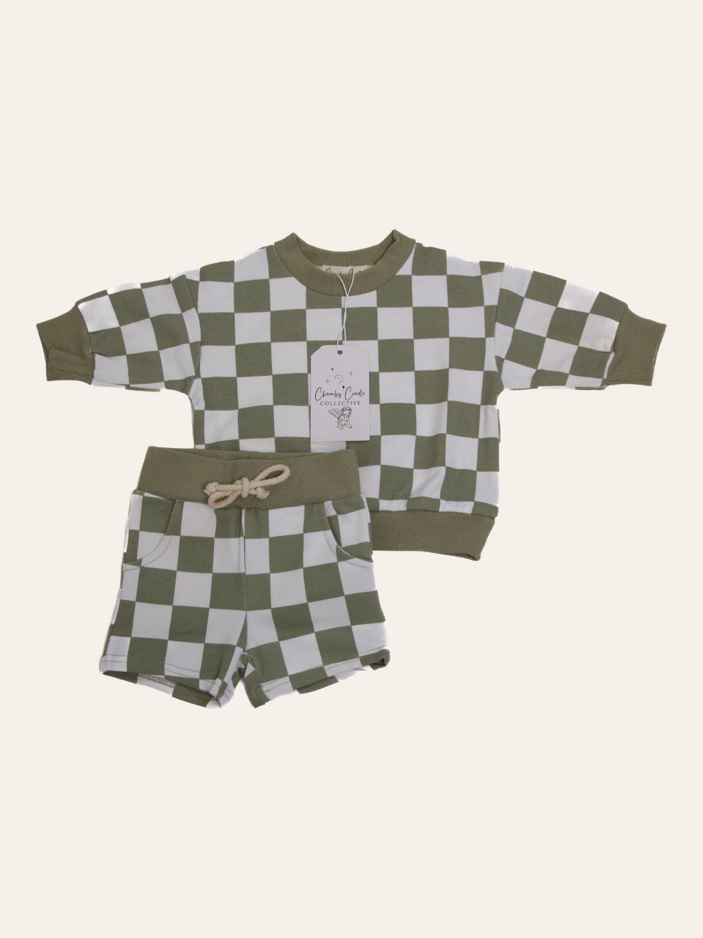 Olive Checkered Organic Cotton Sweatshirt & Short Set