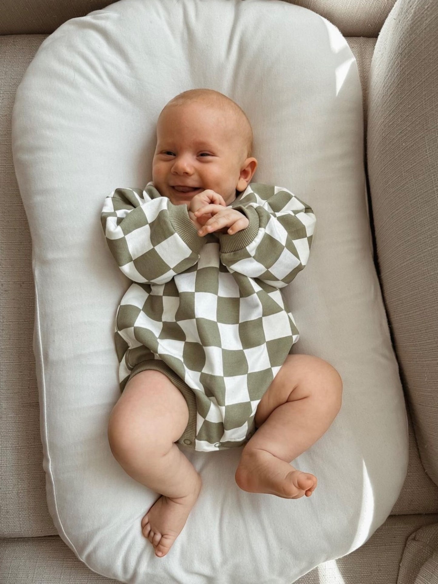 Olive Checkered Organic Cotton Romper